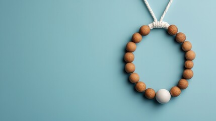 Innovative Crafting Ideas Concept. Wooden Bead Necklace on Blue Background with White Detail and Elegant Craftsmanship