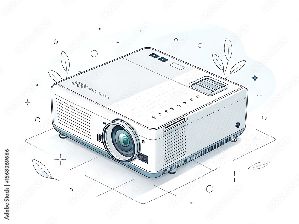 Poster a white projector with a lens and some decoration around it on a white background with line art styl
