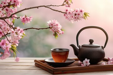 Ultra Hd Picture of Teapot and Cup of Tea on Wooden Tray with Cherry Blossom