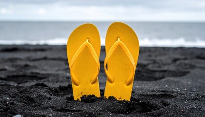 Fototapeta premium Yellow flip-flops standing upright on dark sand, behind them a dark ocean horizon line