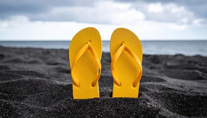 Yellow flip-flops standing upright on dark sand, behind them a dark ocean horizon line