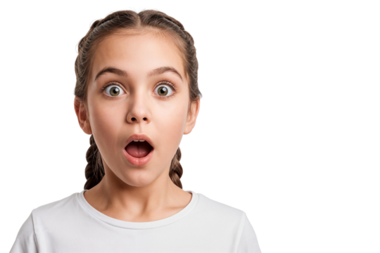 Shocked young girl with wide eyes and open mouth expressing surprise, isolated on white or transparent background
