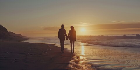 Couple walking on beach at sunset, romantic evening, tranquil ocean, silhouetted scene