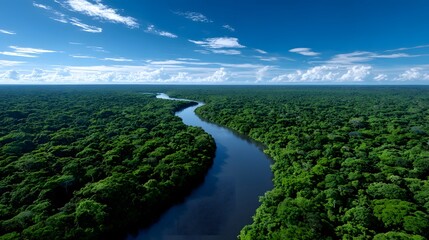 Lush green forest with a winding river in the distance