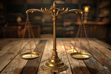 Vibrant Color Picture of Golden Scales of Justice on a Wooden Table