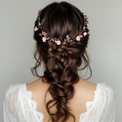 Back view of a woman with dark brown curly hair styled in soft waves and a crown braid. Elegant romantic hairstyle on neutral background, perfect for special occasions.