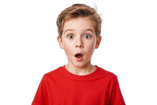 Shocked young boy with open mouth expressing surprise and disbelief, isolated on transparent background