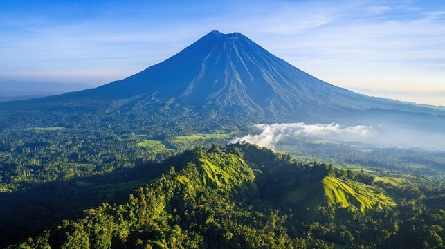 Spectacular aerial panorama of majestic mountain landscape at sunrise