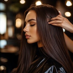Fototapeta premium Beautiful brunette woman with long hair at the beauty salon getting a hair blowing. Hair salon styling concept.