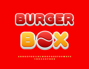 Vector Promo logo Burger Box with Creative Element. Classic Round Font. Artistic Digital Alphabet Letters and Numbers set.