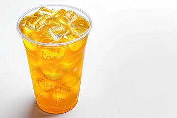 Orange Juice in a Plastic Cup Put Ice on White Background with Clipping Path