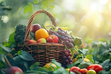 Vibrant Color Image of Fresh Organic Vegetables and Fruits in Wicker Basket in the Garden