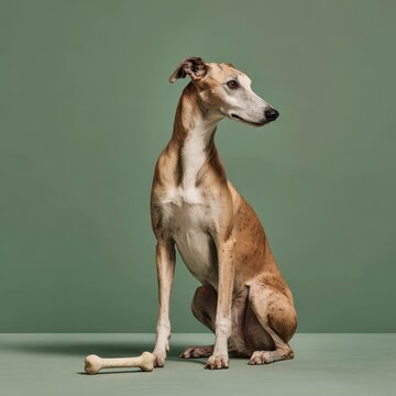 Sleek greyhound sitting with bone in front of sage green backdrop