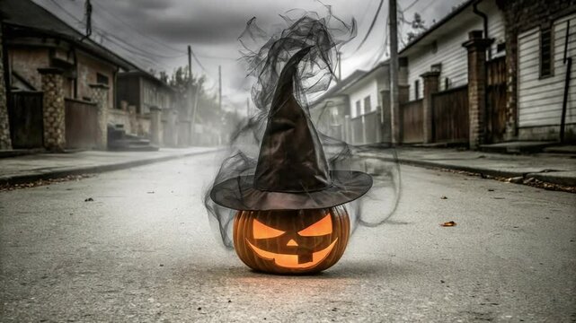 A mischievously carved pumpkin wearing a witch hat sits in a deserted alley, shrouded in mist, evoking a sense of Halloween eeriness.