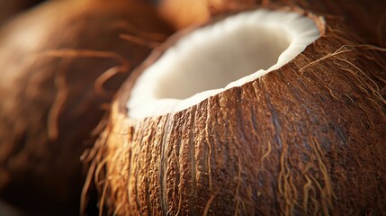 Close-up view of a coconut's textured shell.
