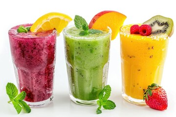 Sharp Picture of Smoothies Three Fruit Flavored Blended Drinks on White Background