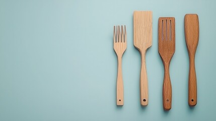 Innovative Crafting Ideas Concept. Wooden Kitchen Utensils on Blue Background for Cooking and Culinary Arts Presentation