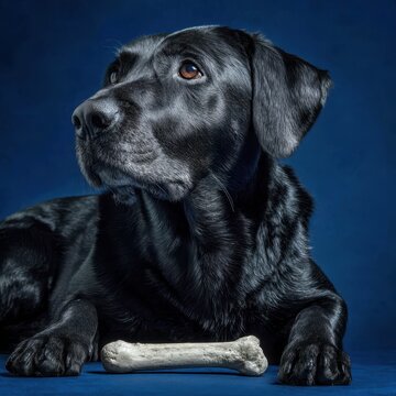Black Labrador with bone between its paws on deep blue background