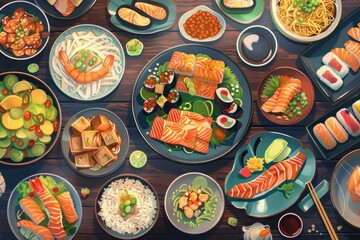 High Resolution of Variety of Traditional Japanese Food in Anime Style  Banner Background