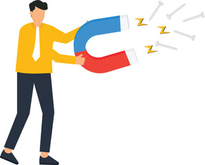 Business Man Attracts Success with Magnet Illustration, Concept of Attraction, Marketing, Lead Generation, Customer Acquisition, Sales, and Growth