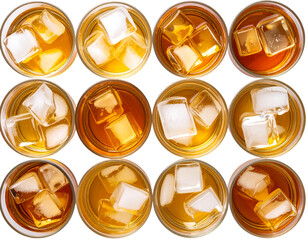 Top-Down View of Whiskey on the Rocks in Assorted Glasses – Transparent PNG.
