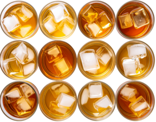 Top-Down View of Whiskey on the Rocks in Assorted Glasses – Transparent PNG.