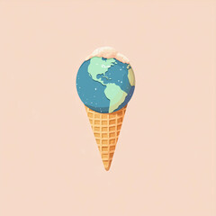 Earth as ice cream cone in flat cartoon style on pastel background