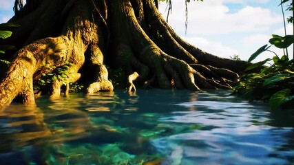 Sungai mini di antara akar pohon besar, air mengalir halus, Realistis, 3D look (cinematic), Statis (kamera diam), Smooth (gerakan tidak tersendat), 4K resolusi, Loopable seamless