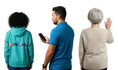 Diverse group of three people from behind. A young person, a man using a smartphone, and a senior woman waving, isolated on a transparent background.