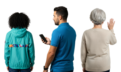 Diverse group of three people from behind. A young person, a man using a smartphone, and a senior woman waving, isolated on a transparent background.