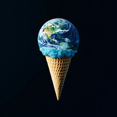 Planet Earth as ice cream cone with dark background