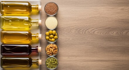 Naklejka premium Explore Three Aromatic Cooking Ideas with Colourful Black and Brown Bottles Decorated in Burlap for a Unique Culinary Experience.