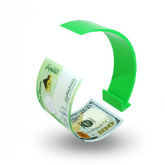 2000 Algerian dinar US dollar exchage rate concept, currencies covertion rate icon, symbol, sign, bending paper currency note with a curved green arrow, 3D rendering isolated on transparent backgroud
