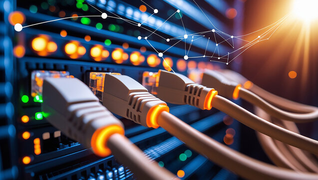 Connected network cables plugged into a server rack with glowing lights and abstract data lines
