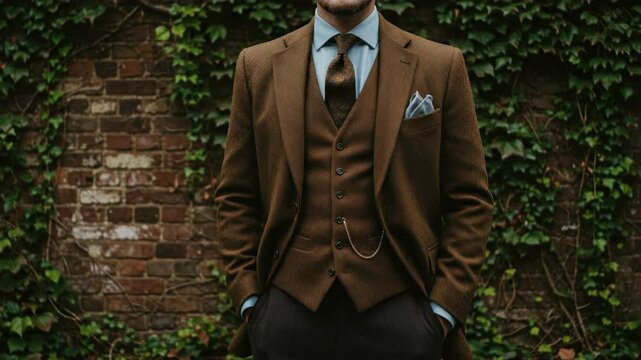 Elegant man in brown tweed suit, ivy wall backdrop, perfect for fashion and lifestyle projects