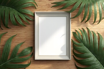 A small modern frame with a handwritten inspirational quote, placed on a wood background among palm leaves and soft lighting