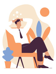 Man relaxing armchair. Young man relaxing in armchair, sitting. Vector illustration. 