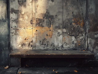 Empty rustic bench against weathered concrete wall