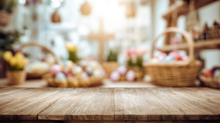 Wooden Table with Blurred Easter Celebration Background with Baskets and Traditional Decor

