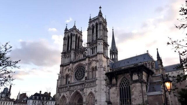 A serene evening shot of the Cathedral of Chartres, bathed in soft lighting from the setting sun