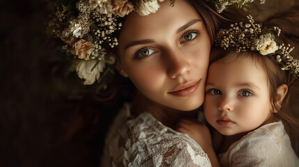 Portrait of a loving mother embracing her sweet baby daughter, both adorned with delicate flower crowns in soft light.