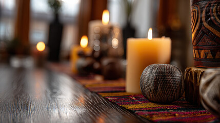 Wooden Table with Blurred African Heritage Event Background with Glowing Candles and Ethnic Decor