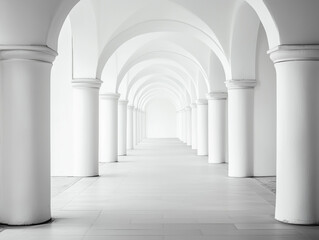White arched corridor with repeating columns in classical style