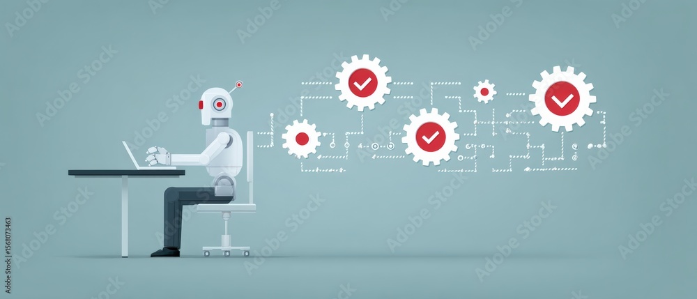 Poster automation revolution robot processing data office workspace digital illustration minimalist design 