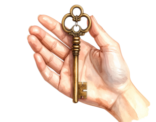  Watercolor Illustration of Hand Holding Antique Key with Key Ring – Transparent PNG.