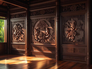 ethnic wood carving details with artistic hand carvings that show stories of eastern culture in the form of elegant wall ornaments