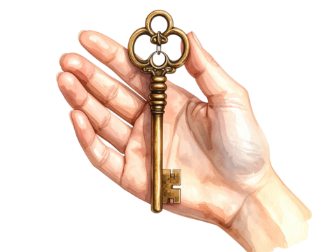  Watercolor Illustration of Hand Holding Antique Key with Key Ring – Transparent PNG.