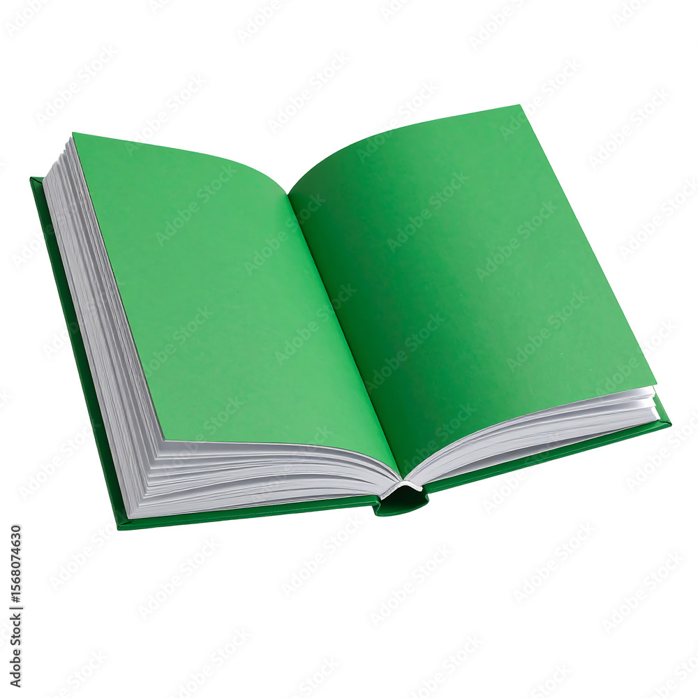 Poster firefly 3d green open book with clean empty pages floating on transparent background