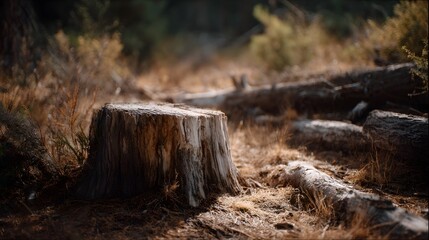 Obraz premium Weathered tree stump and fallen logs in a serene forest