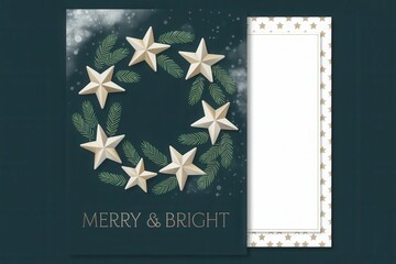A festive Christmas greeting card featuring a whimsical composition of sparkling gold stars and stylized evergreen fir branches arranged in a circular pattern, evoking a sense of wonder and joy